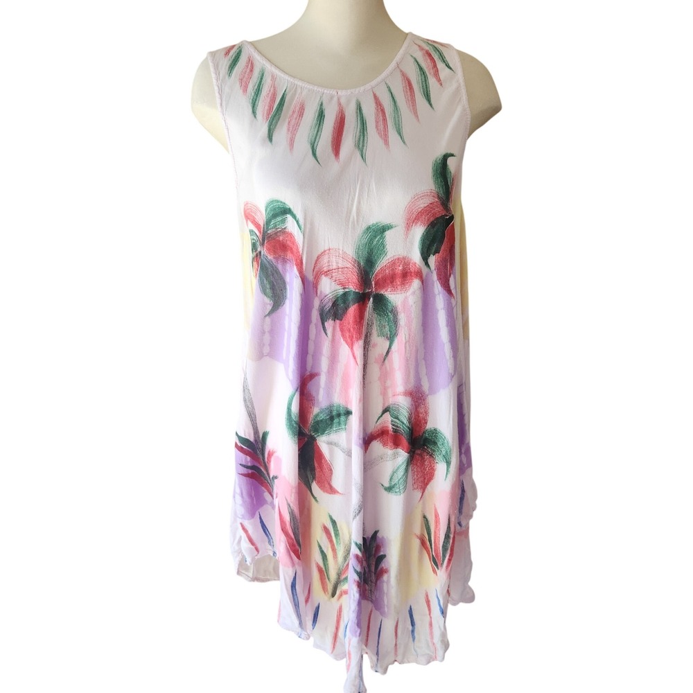 Didi's Tropical Palm Tree Print Viscose Sleeveless Tunic Top White One Size